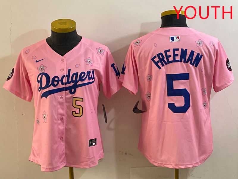 Youth Los Angeles Dodgers #5 Freeman Pink Sakura Edition 2025 Nike MLB Jersey style 1